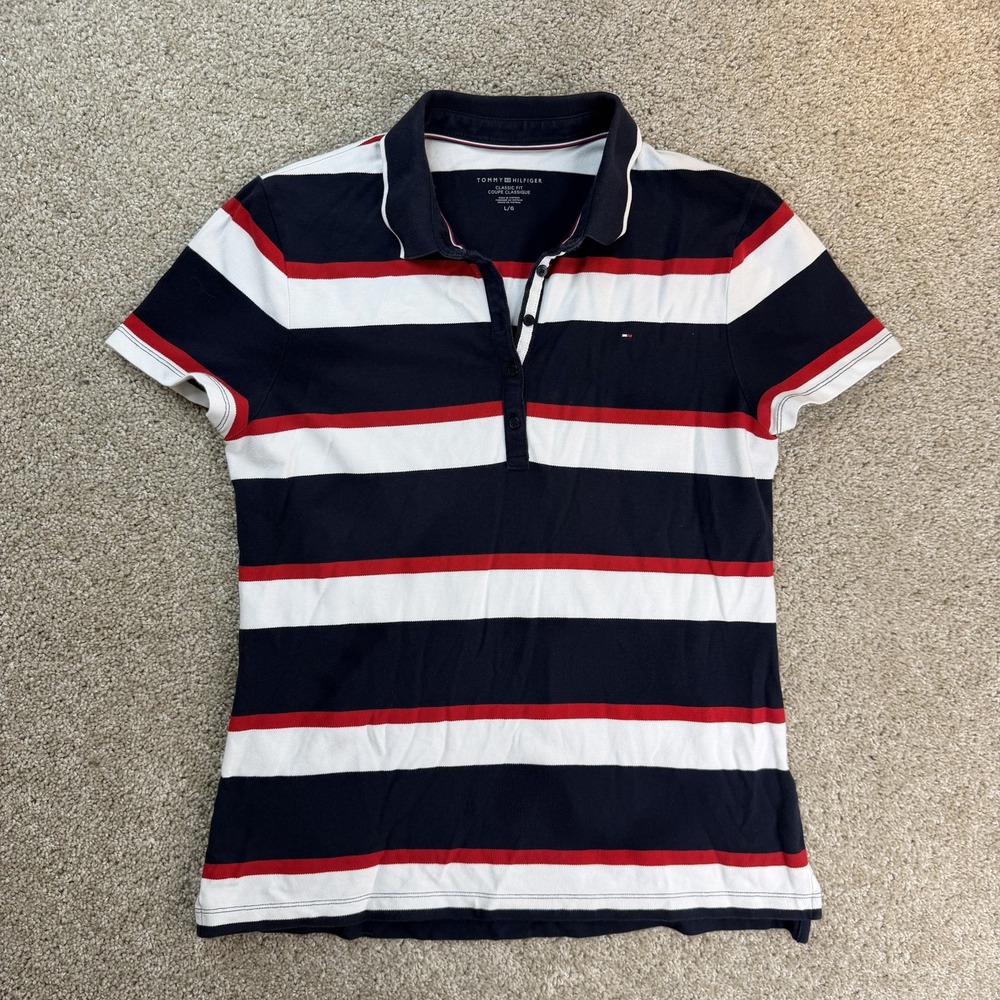 Tommy Hilfiger Shirt Womens L Blue Red Striped Classic Fit Polo Top Casual